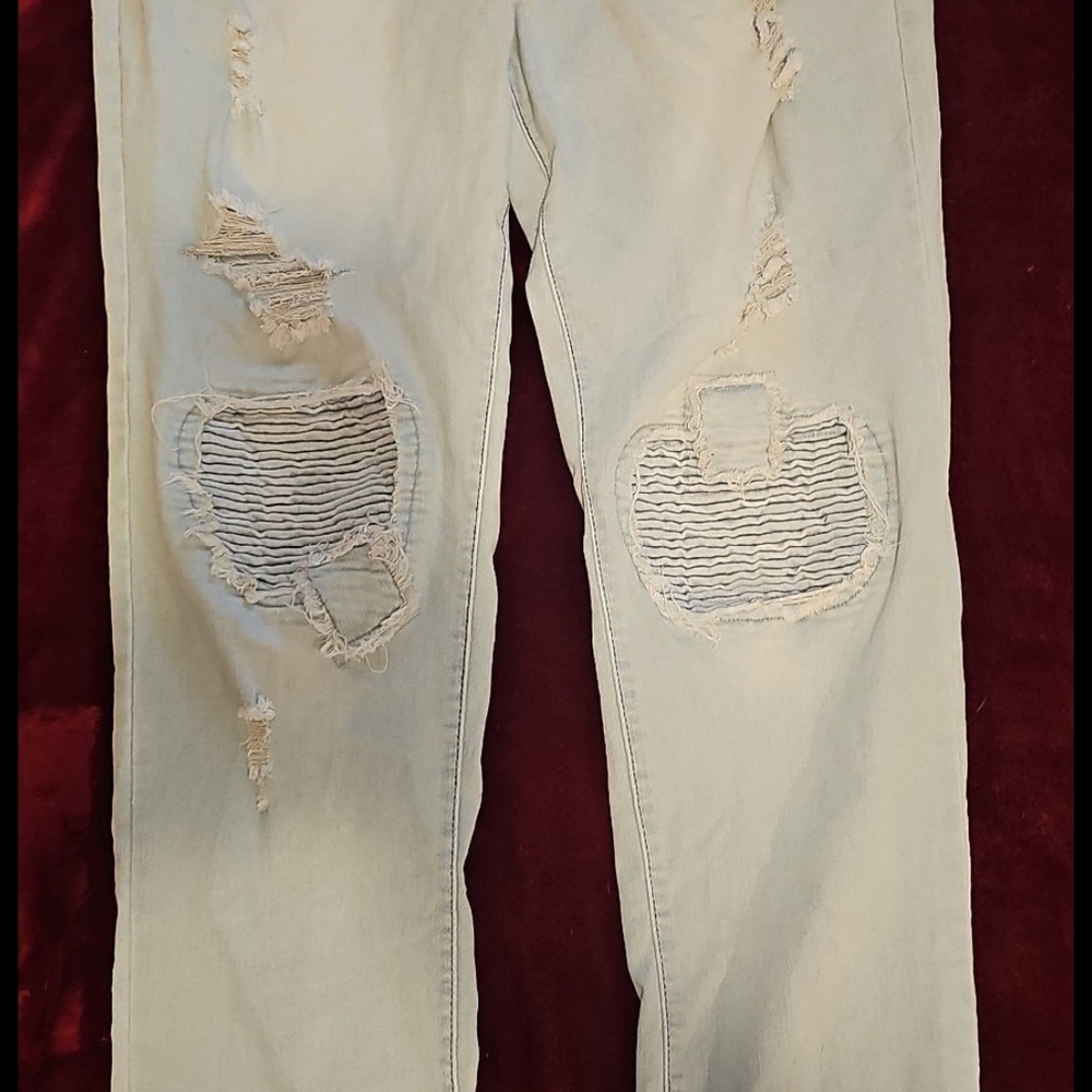 Trendy Distressed Men's Skinny Jeans in Light Blue